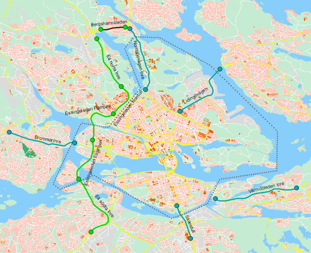 Inre infarter och Essingeleden Figur 3 Inre infarter (blåa), sträckor på Essingeleden (gröna) samt zonen för trängselskatt (streckad grå).