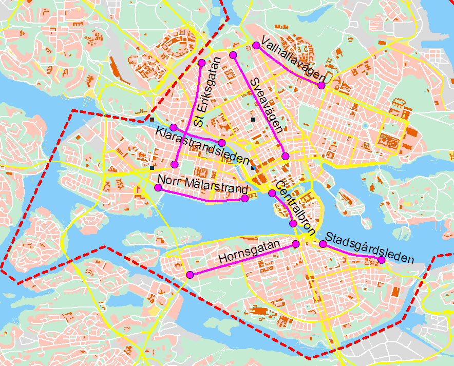 Innerstadssträckor Figur 4 Innerstadssträckor samt zonen för trängselskatt (streckad röd).