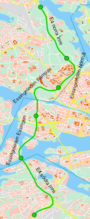 2.2.3 Essingeleden Mätsträckorna på Essingeleden visas i figuren till höger, där pilarna anger riktningen mot stan som används i diagram nedan. Figur 21 Mätträckor på Essingleden.