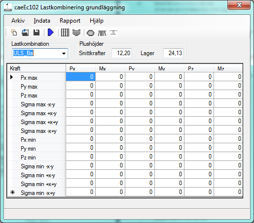 caeec102 Lastkombinering grundläggning Sidan 12(32) Så används knapparna i startfönstret: Nya indata Öppna indatafil Spara indatafil Figur 2.1. Startfönster Guiden guidar dig igenom programmet Lastkombineringstabellen kopieras till klippbordet, med Ctrl+V kan dessa snittkrafter klistras in i Excel eller Word.