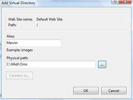 I menyn som visas välj alternativet Add Virtual Directory. Följande dialog visar sig: Ange Alias som Marvin och skriv in eller sök fram mappen Oms där marvin server installerades.