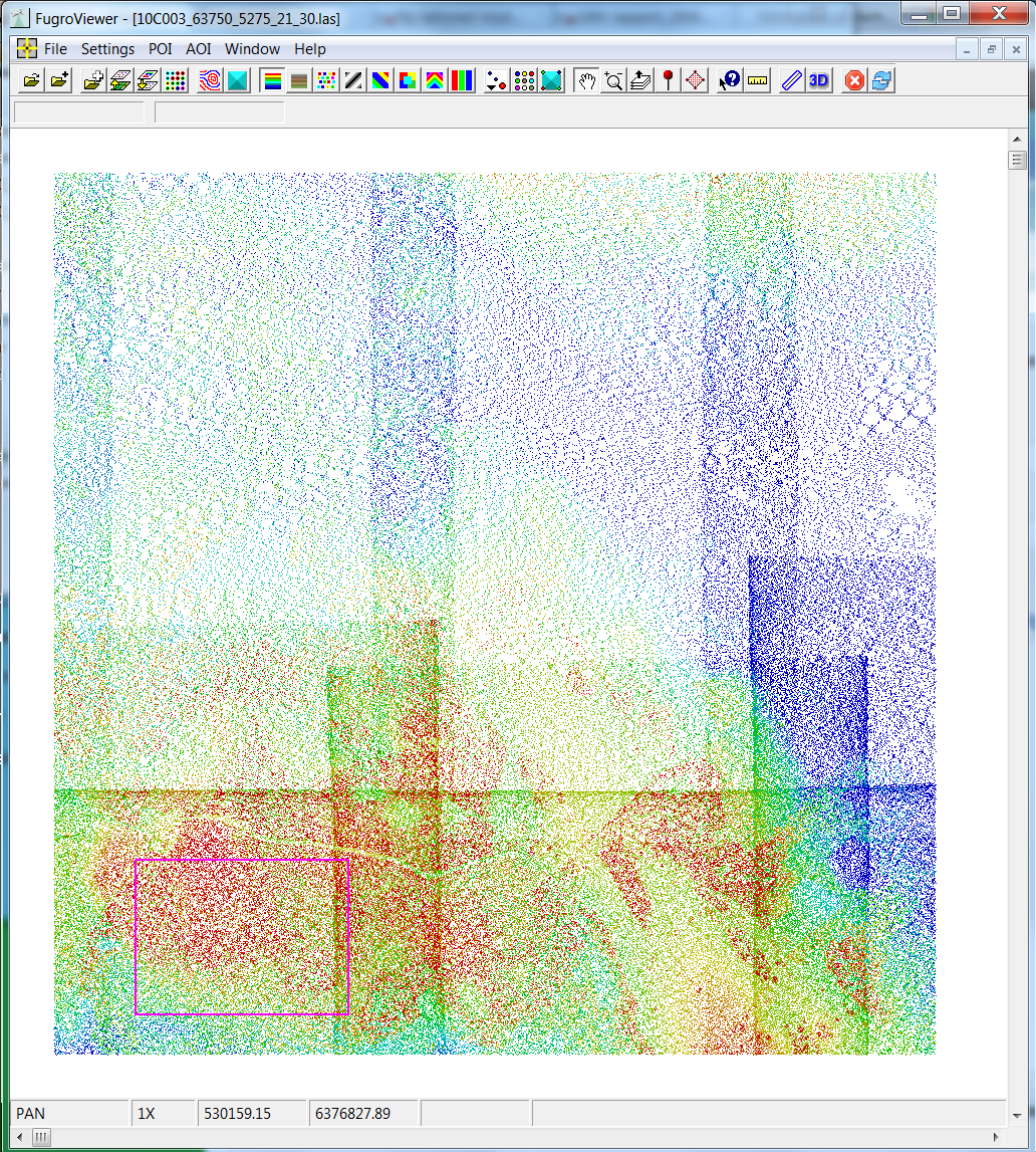 Figur 3.3: Laserpunktmoln i NNH's leveransformat, 2, 5 km 2, 5 km, visualiserat i programvaran FugroViewer.