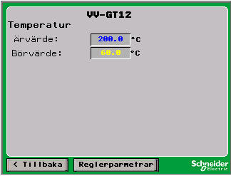 7.4. Pump VV-P1 VV-P1 Larmfördr. P1 1 min Larmfördr Lm. P1 1 min I bilden Pump syns status för pumpen. Värdet i rutan Status visar utgångens status och pumpsymbolen visar driftindikeringens status.