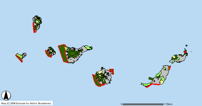 Natura 2000-områden för flasknosdelfin kring Kanarieöarna.