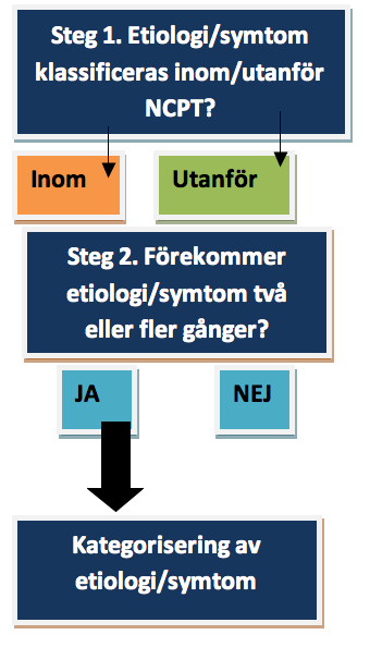 Den kvalitativa kategoriseringen utfördes i två steg vilket visas i figur 2. Det första steget var att klassificera etiologier och symtom enligt huruvida de förekom inom eller utanför NCPT.