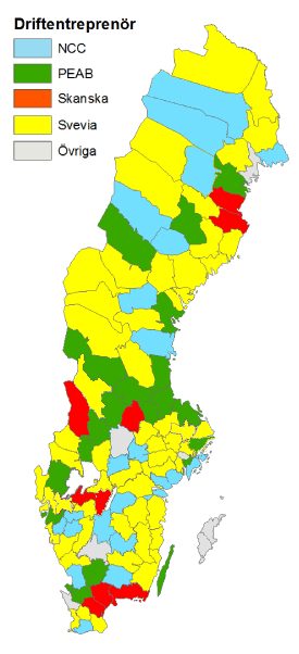 Rapport 8(57) Fig. Driftområden 2014/2015 Antal driftområden är ca 113 st. Storleken varierar mellan 120 km och 1700 km. Majoriteten av områdena ligger mellan 800-1200 km.