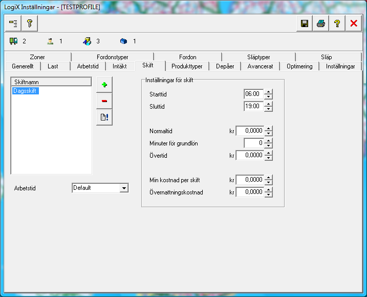 Parametrar Fliken Skift Välj en skifftyp från listan Ange inställningarna för varje skifttyp Start- och stopp- tid Antal