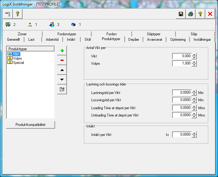 Parametrar Fliken Produkter Välj en produkktyp från listan Ange inställningarna för varje produkttyp Förhållande till varje lastenhet* Variabel lastnings- och lossnings- tid per produkt.