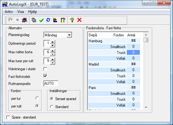 Anmärkningar val för fordonsantal Ange flottstorlek Förutom möjligheten att ange antal fordon av respektive sort vid varje depå så kan även ett totalt antal tillgängliga fordon vid varje depå anges.