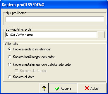 Skapa ny profil Klicka på knappen för att öppna dialogrutan skapa ny profil. Skriv in det nya önskade namnet på profilen. Välj kartdatabas, om det finns flera installerade. Klicka på knappen Skapa.