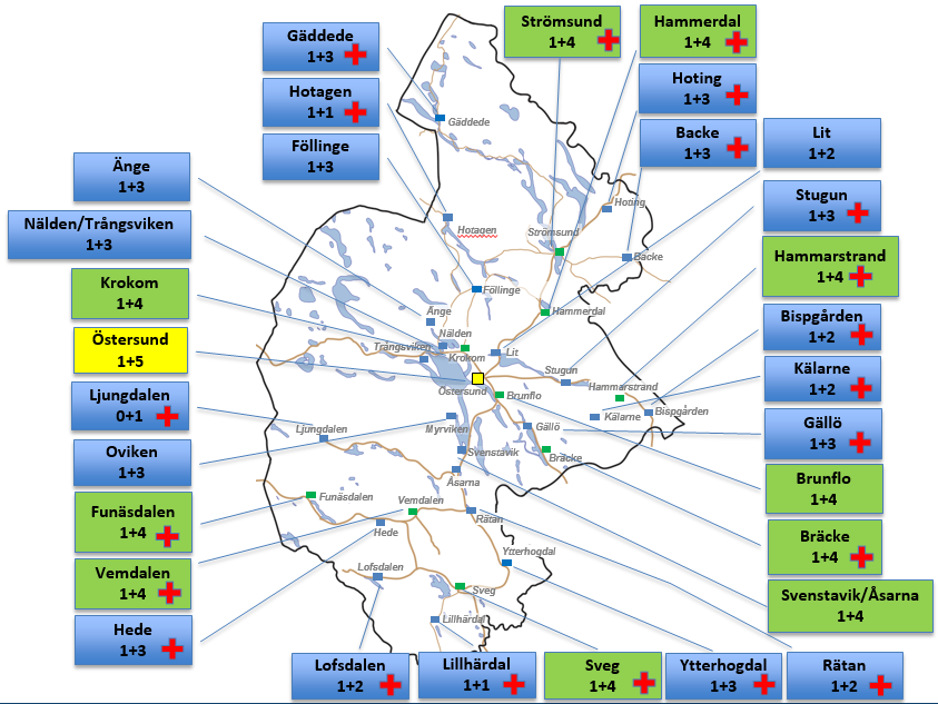 Förbundets operativa organisation Bild 3: Gul ruta heltidsstation, grön ruta RiB 8 -station med rökdykarförmåga, blå ruta RiB-station. 1+2 innebär en styrkeledare plus 2 brandmän osv.