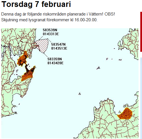 Figur 3. På FMV s hemsida (http://www.fmv.se/sv/verksamhet/riskomrade-vattern/) informeras dagligen om pågående nyttjande av riskområden i Vättern (20130207).