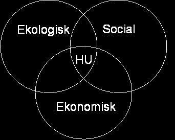 Figur A1. Brundtlandmodellen för hållbar utveckling. Hållbar utveckling definieras som en utveckling som är hållbar inom de tre olika områdena samtidigt.