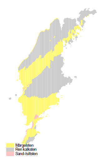 Figur 3. Gotlands geologi i stora drag (källa: SGU). 3.1 Lermärgel och märgelsten Med märgel avses vanligen varje jordart eller bergart, som innehåller kalciumkarbonat från någon procent till över 30 procent.