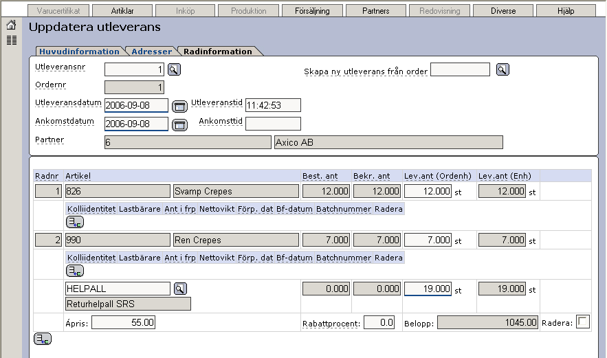 Senast uppdaterat: 09-02-03 Exder EDI grossist sida 42 av 63 Vi lägger på artikeln HELPALL på utleveransen. När ni är klara med utleveransen klickar ni på.