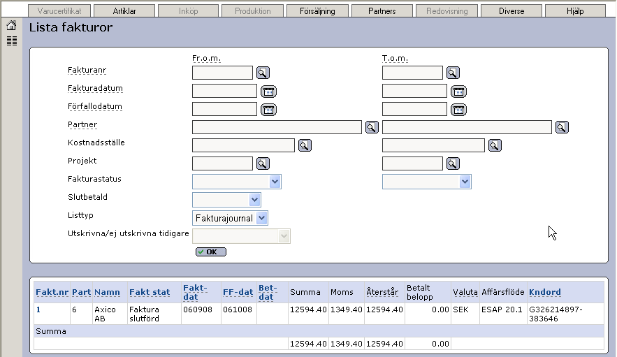 Senast uppdaterat: 09-02-03 Exder EDI grossist sida 50 av 63 Fakturajournal Fakturajournalen ger en snabb