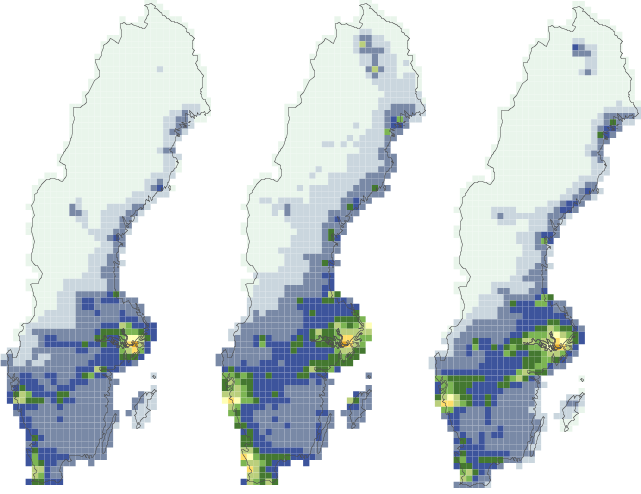 Av Figur 3 framgår att de totala halterna av reducerat kväve i luft har minskat i de norra delarna av Sverige och har ökat något södra delarna. Högre halter förekommer i t.ex.