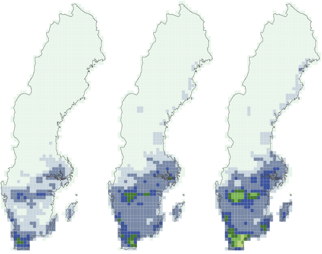 Figur 3. Halter i luft för reducerat kväve, åren 1998 (vänster), 2004 (mitten) och 2010 (höger).