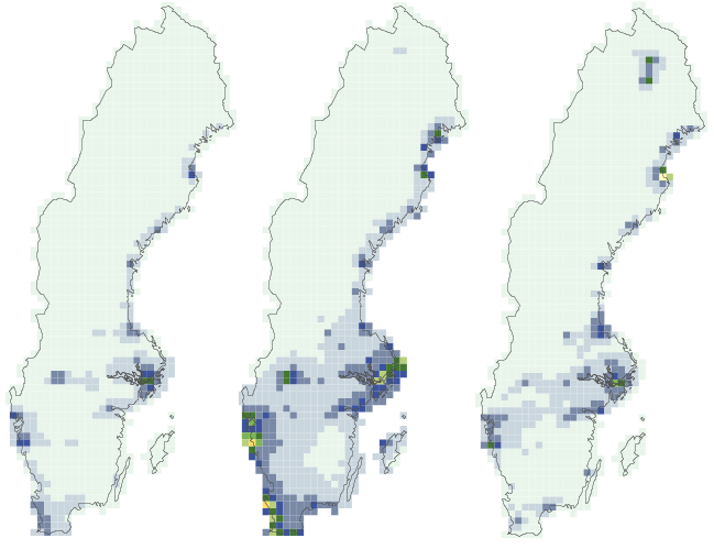 Figur 4. Halter i luft för svaveldioxid (som svavel), åren 1998 (vänster), 2004 (mitten) och 2010 (höger).