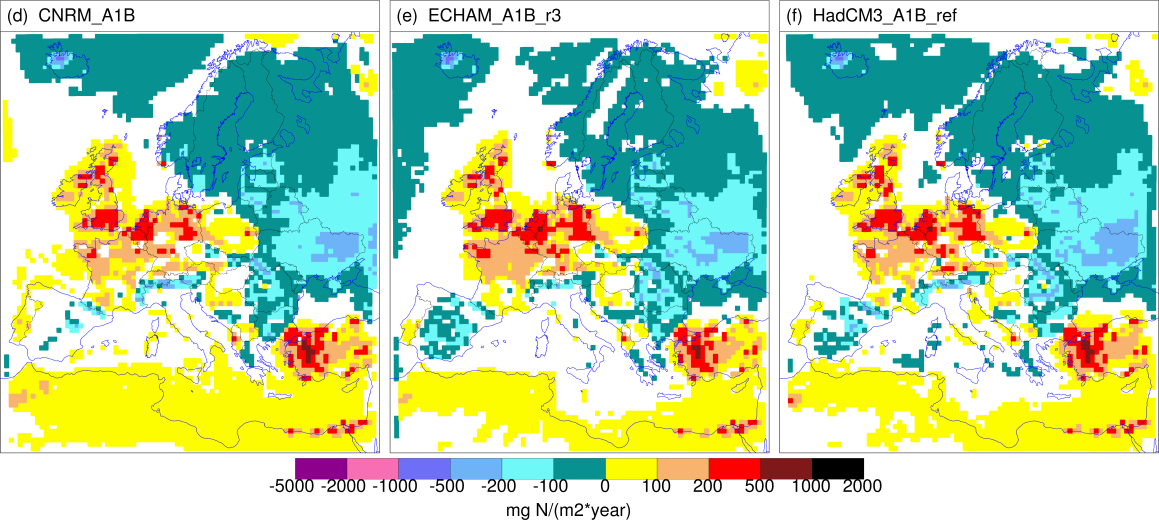 Figur 4.3 Förändring I total deposition av reducerat kväve från perioden 1990-2009 till 2040-2059. Övre raden: Enbart ändringar i klimatet. Nedre raden: Förändrat klimat och förändrade emissioner.