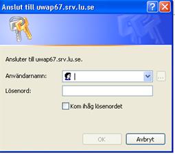 5 Eventuellt får du upp nedanstående inloggningsruta. Vid användarnamn skriver du UW\Lucat-id, t.ex UW\kamn-gfl. Glöm ej UW\! Vid lösenord skriver du ditt Lucat-lösenord.