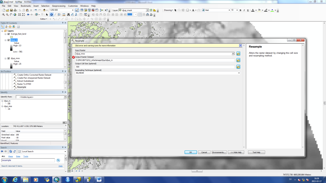4. Efter det gjordes Mosaic to new raster, med originallagret överst. 5. Körde sedan Resample för att få 500 m upplösning. Medel?