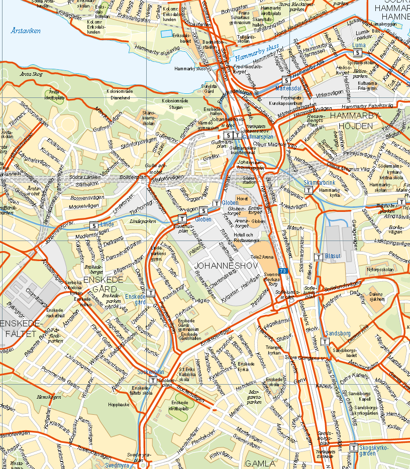 Figur 2.22 Nuvarande cykelnät (röda streck, år 2014) 2.5.2 Bil Av intresse för stationsplaceringar är bilflödet på intilliggande gator.