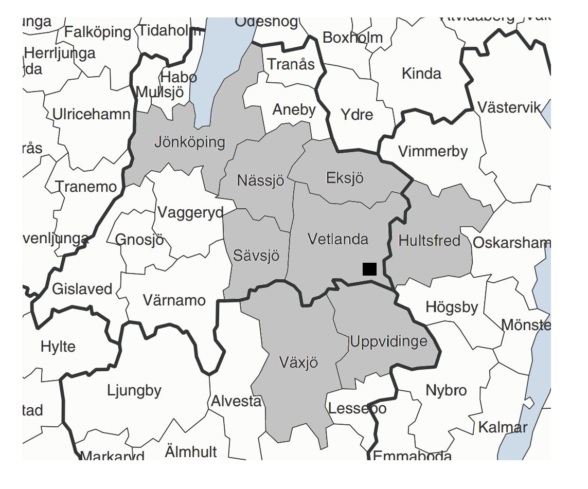 Figur 2: Karta över området kring Vindpark Lemnhult. Vindparkens lokalisering är markerad med en svart kvadrat. De tunna strecken är kommungränser och de tjocka länsgränserna.