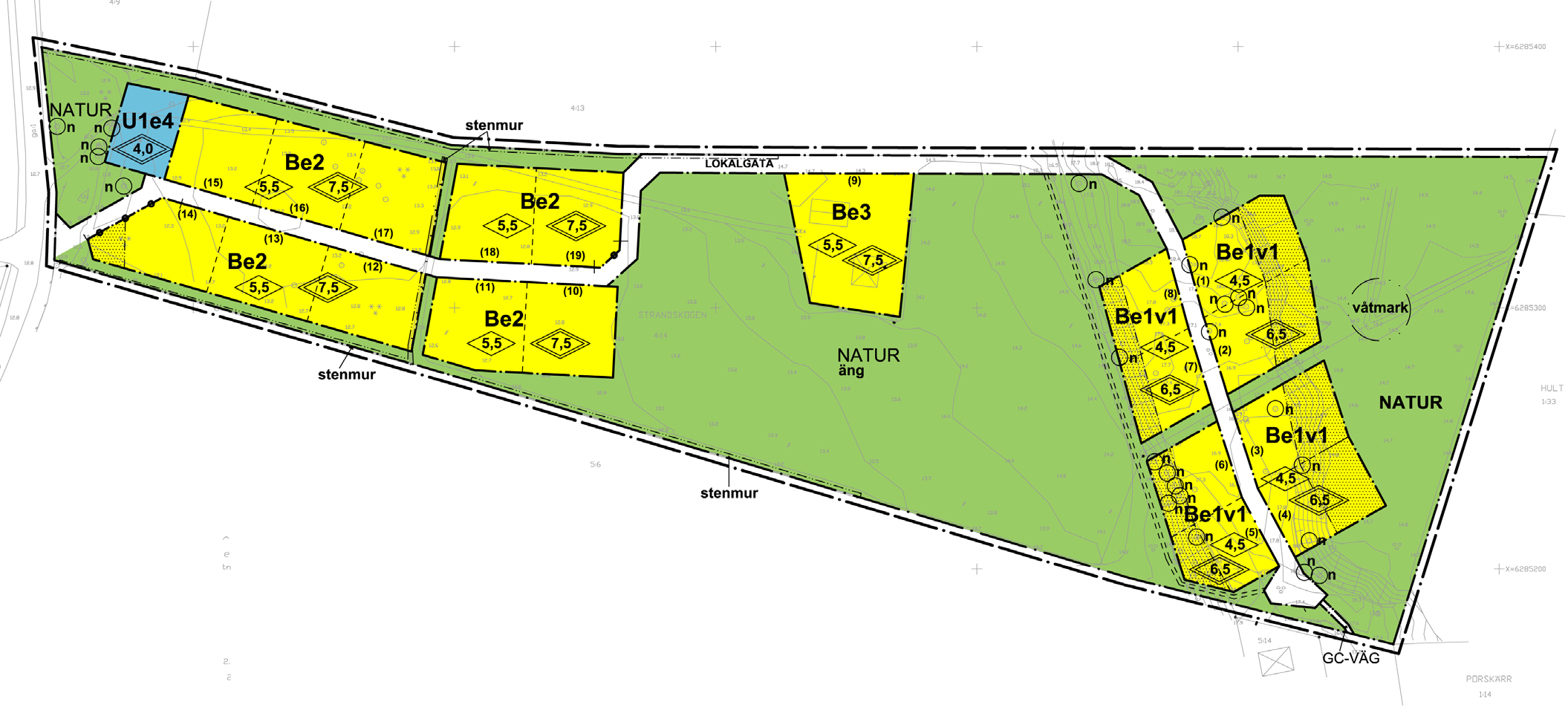 PLANFÖRSLAGET Utdrag ur plankartan för detaljplan för Strandskogen 4:14 MARK och VATTEN Bebyggelse och markanvändning Planen medger 18 st nya tomter för bostadsändamål, reglerar byggrätten för den