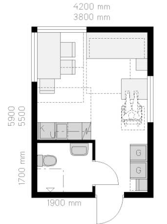 Lättnader små bostäder bostadsutformning, BBR 3:224 Bostaden kan som minst bli ca 21 m² BOA, boarea. Ryms i Attefallshus.