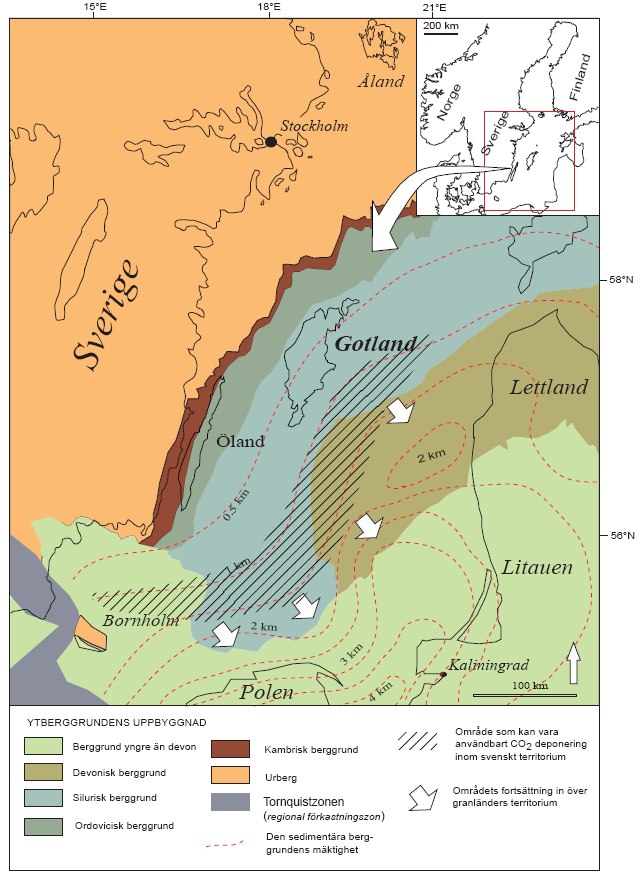 42 CO2-avskiljning i Sverige Figur 5.3 Berggrundkarta över sydöstra Sverige och Östersjön. Områden med djupa akvifärer inom svenskt territorium har markerats.