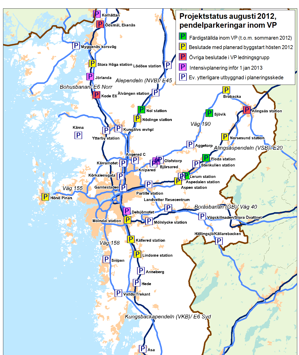 Pendelparkeringar Åtgärder som blir klara till trängselskattens införande 2013 Symboler gul färgmarkering Stora Höga station Nödinge