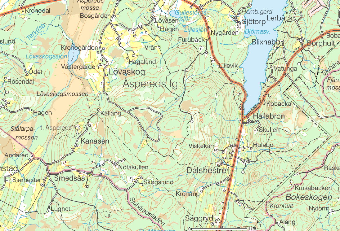 Figur 4 - Etableringsområdet, inom röd cirkel. (GIS - Västra Götalands län) 7.2 Landskapets karaktär Topografin präglas av höjder på uppemot 330 meter.