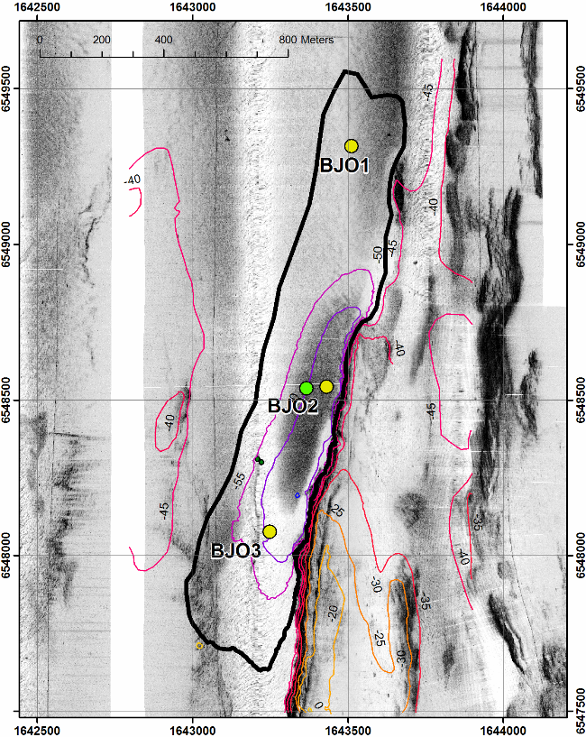 Figur 2.11. Koordinatsatt karta över djuphålan vid Björkö. Den svarta linjen motsvarar ett djup på -50 m.