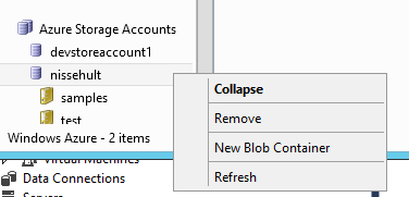 Du kan hantera detta när container för Blob skapas. Steg 3: I Azure Explorer, högerklicka på ditt Storage Account, välj alternativet New Blob Container.