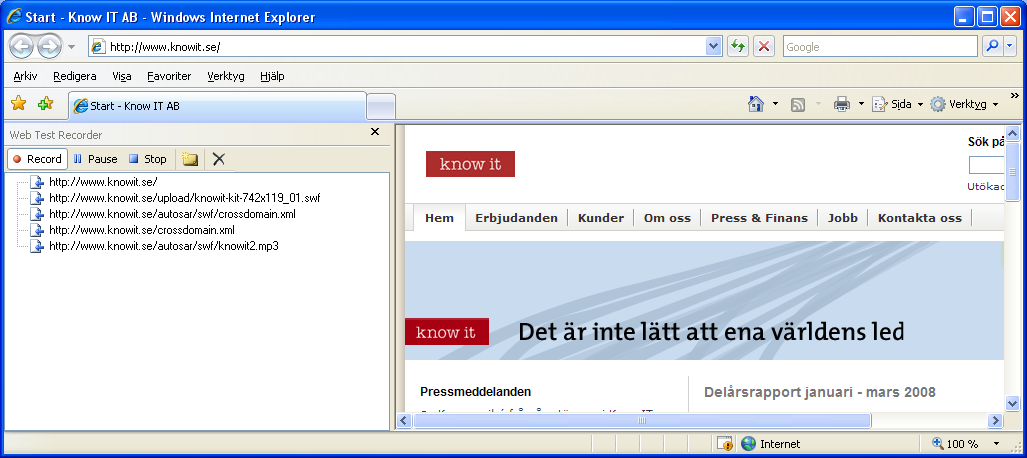 Belastningstester med Visual Studio 2008 - Web tester Inspelning av Web test Det