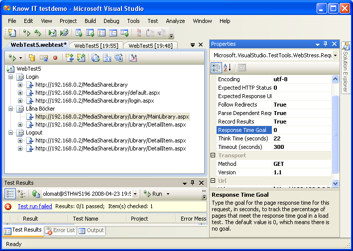 Belastningstester med Visual Studio 2008 - Web tester Väntetider, transaktioner och mål Väntetider (Think Time) behövs för att simulera hur en verklig användare