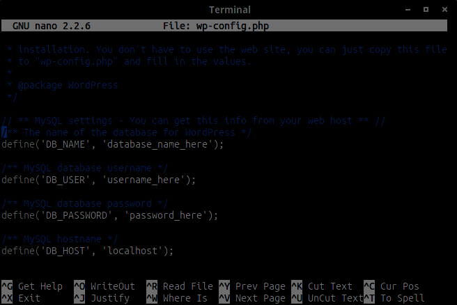 Bild 9: Wordpress konfiguration i Nano. Man måste ändra dom tre första databas-inställningarna så att dom passar med våra: Bild 10: Wordpress konfiguration i Nano.