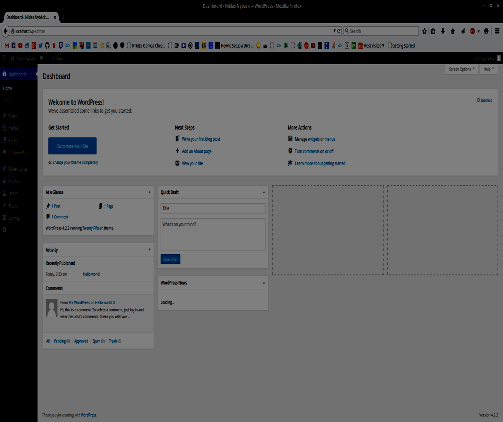 Bild 14: Wordpress Dashboard. Härifrån kan man göra alla sina inställningar, man kan skriva ett nytt inlägg, man kan skapa en ny sida, man kan ladda upp en bild o.s.v. Nästa steg som man kanske vill göra är att tillåta någonting som kallas för Pretty Permalinks.