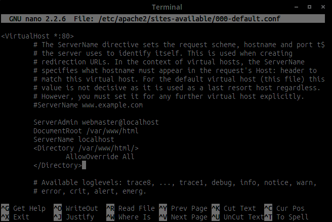 Bild 16: Apache2 konfiguration i Nano. Filen ska ändras så att webbservern tillåter overrides: Bild 17: Apache2 konfiguration i Nano.