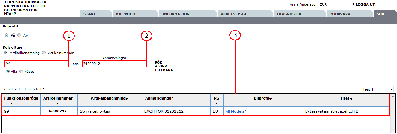 7.7.1 Hämta den aktuella reservdelens artikelnummer 1. Välj bilprofil. 2. Välj fliken SÖK. Fig. 31 Utför sökningen 3. 1. De tre asteriskerna (***) anger att sökningen ska inkludera alla artiklar. 2. Ange ett tillverkningsnummer.