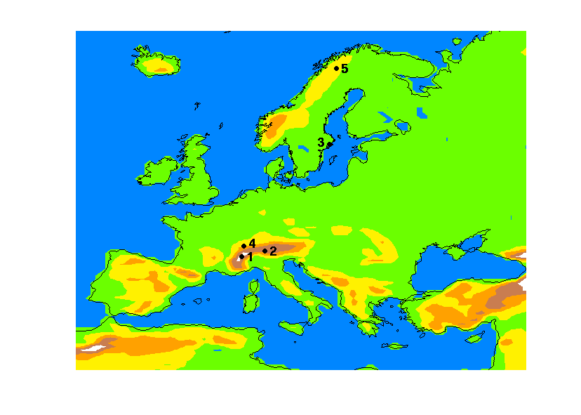 Här har RCA3 satts upp för ett område som består av 102x111 gridrutor som täcker Europas landyta i ett rutnät (Fig. 4). Rutorna är ungefär 50x50 km. I vertikal ledd finns 24 lager.