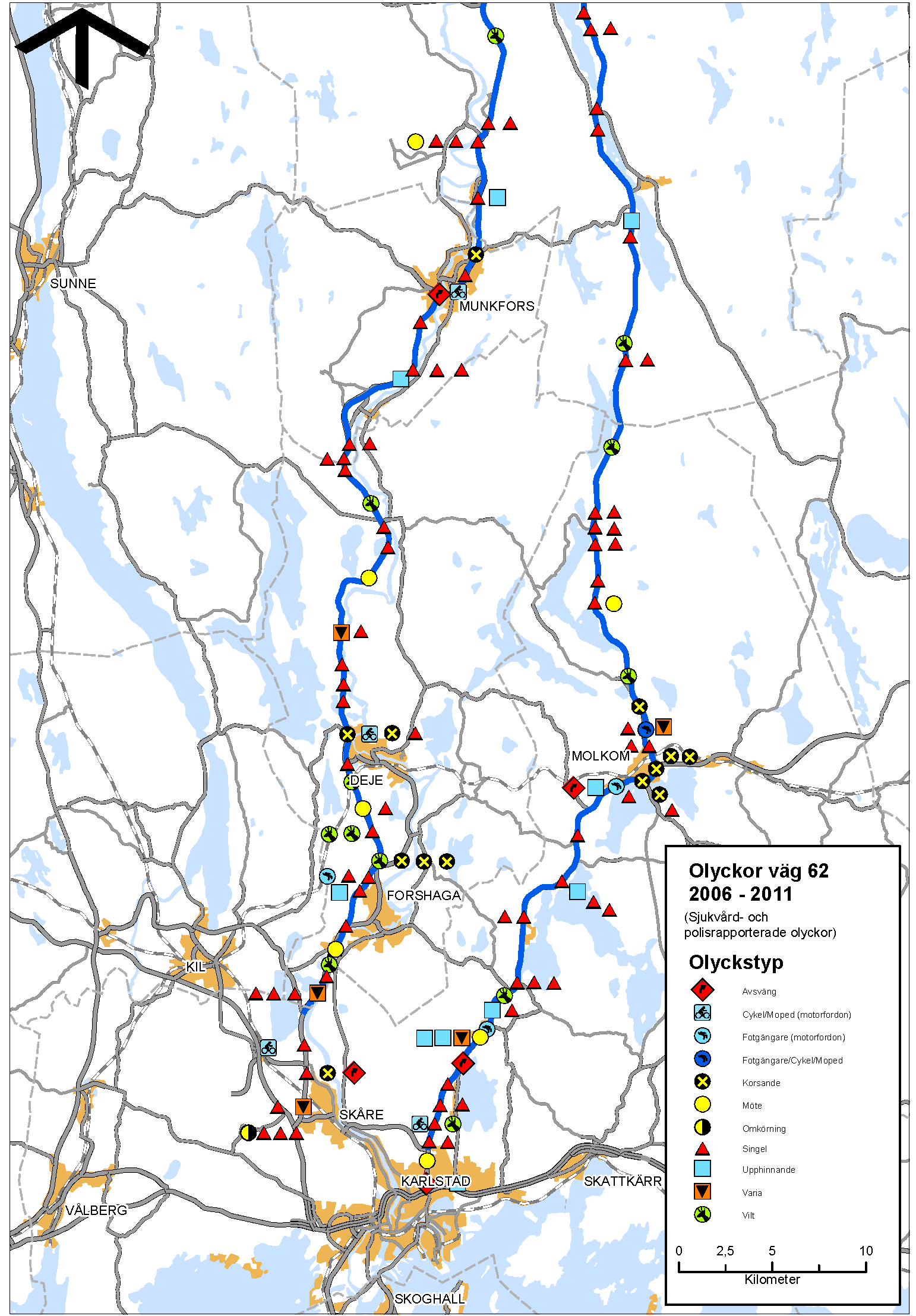 Karta 13 Fördelningen av olyckor med utmed riksväg 62