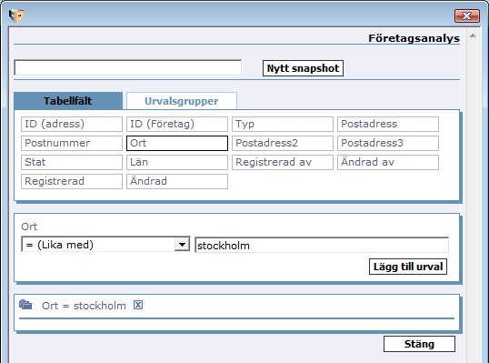 6. Skriv ortsnamnet du vill skapa en snapshot på och välj operanden = Lika med. Klicka på Lägg till urval: ort. 7.