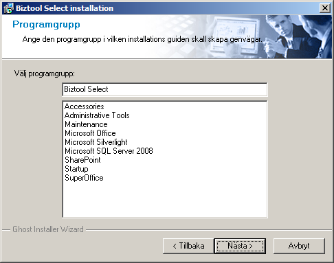 4. Ange den programgrupp i vilken installationsguiden skall skapa