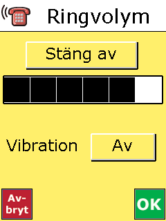 Samtalsvolymen höjs/sänks genom att man trycker på önskad nivå i listen. Ju svartare desto högre volym. När man trycker på OK sparas inställningarna och man kommer tillbaka till Telefonvyn.