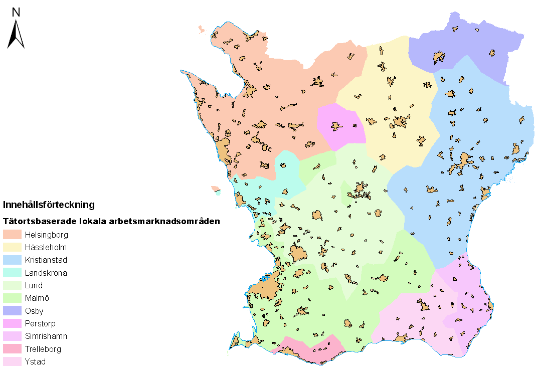 4.2 Infrastruktur Knappt två tredjedelar av de skånska förvärvsarbetande har sin arbetsplats i någon de elva tätorter som utgör centrum i Skånes lokala arbetsmarknadsområden.