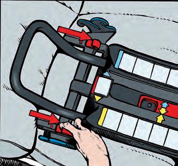 11 MONTERINGSANVISNING Demontering med ISOFIX fästen 17 18 OBS! Demontering. Justera upp stödbenet från golvet. Lyft den röda spärren så att spänningen i basen släpper.