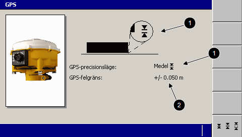 4 Använda 3D-styrning i fält 1 Nuvarande precisionsinställning 2 Felgräns Bild 4.1 Dialogruta för GPS-precisionsläge 2. För att växla mellan lägena fin, mellan och grov precision trycker du på B.