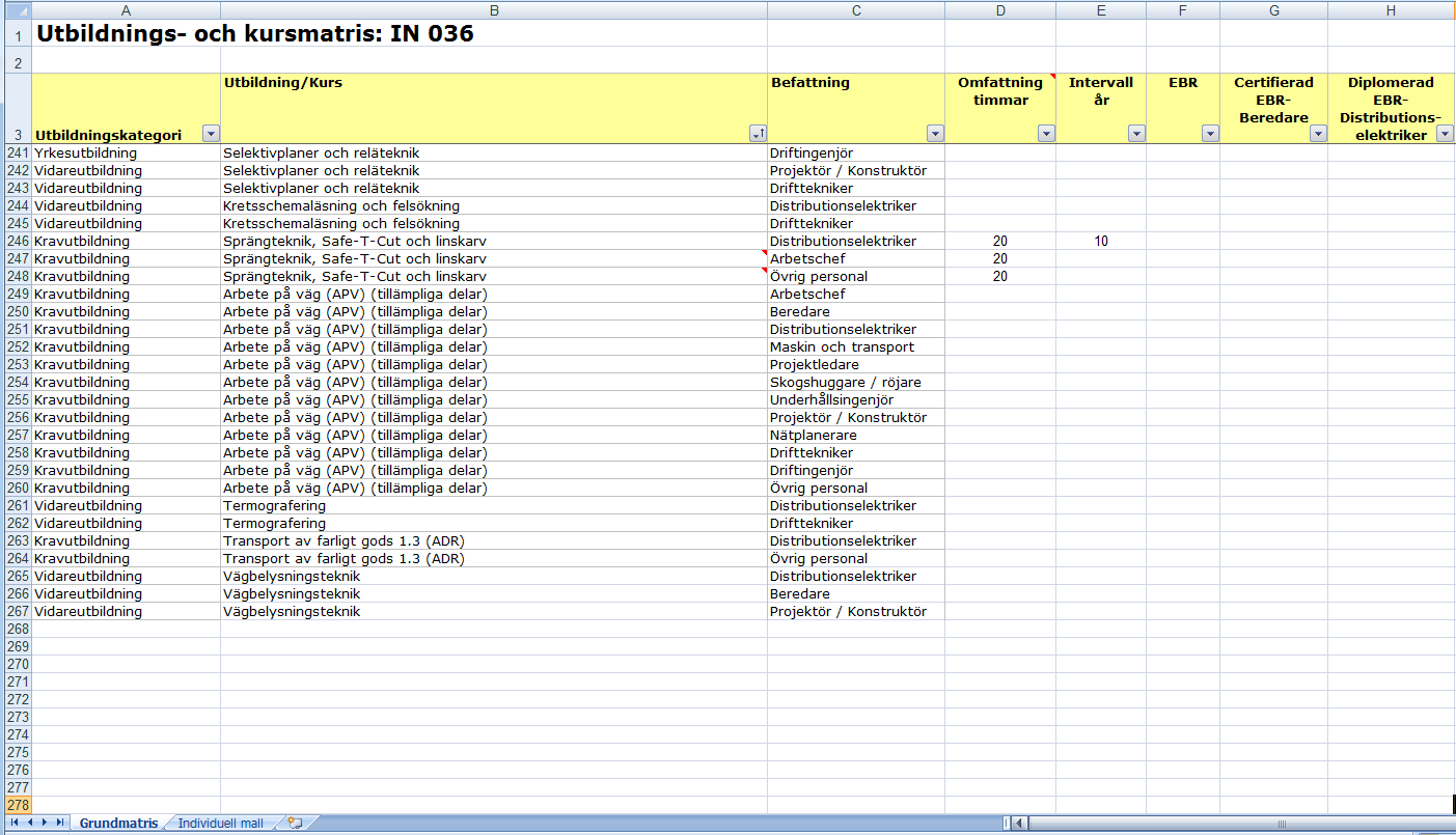 Utbildning Utbildningsmatris Till denna publikation hör en utbildningsmatris som kan redovisa utbildningsbehovet för olika roller på elnätsföretaget.